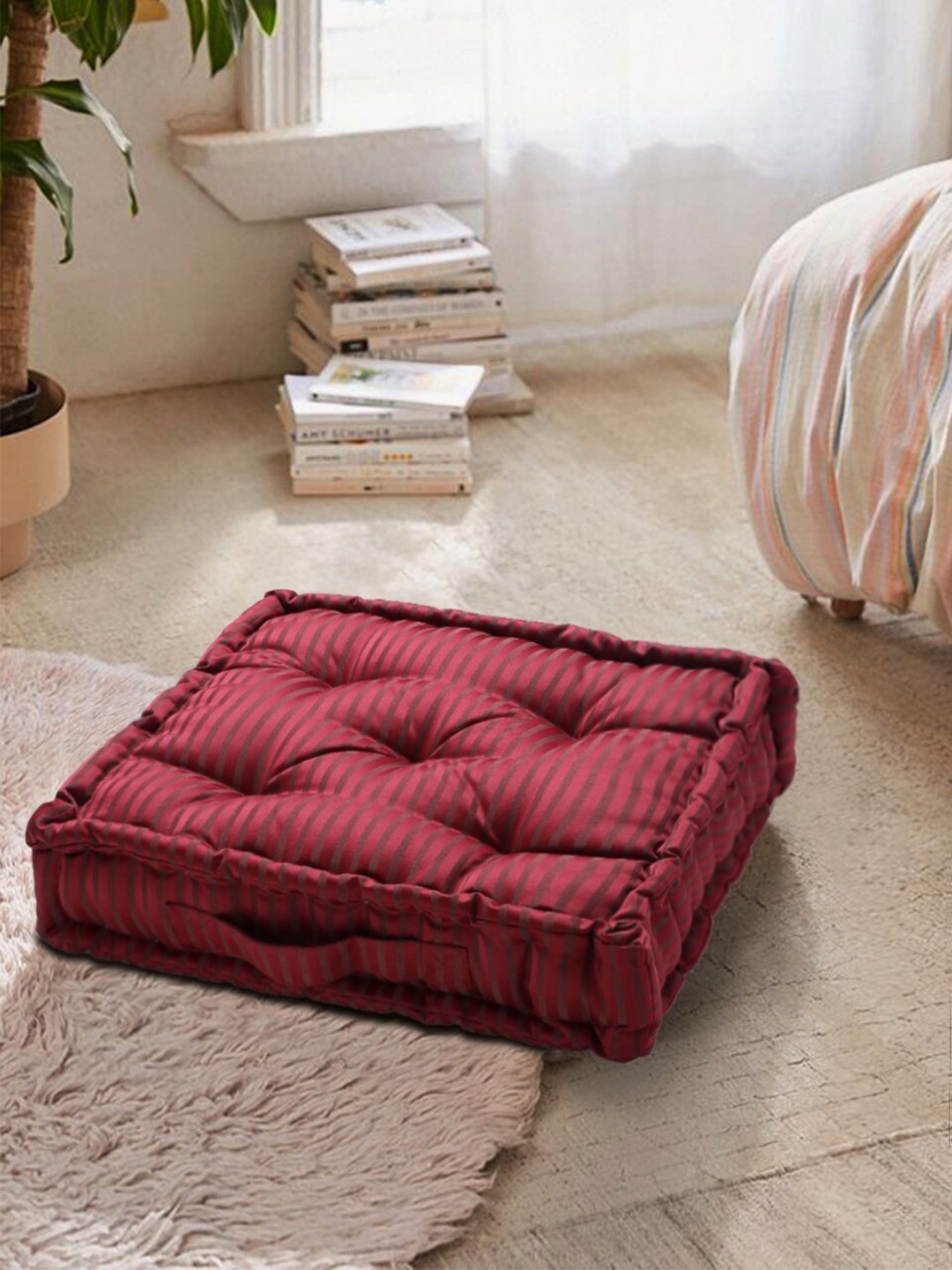 

S9home by Seasons Maroon Striped Polyester Cushion