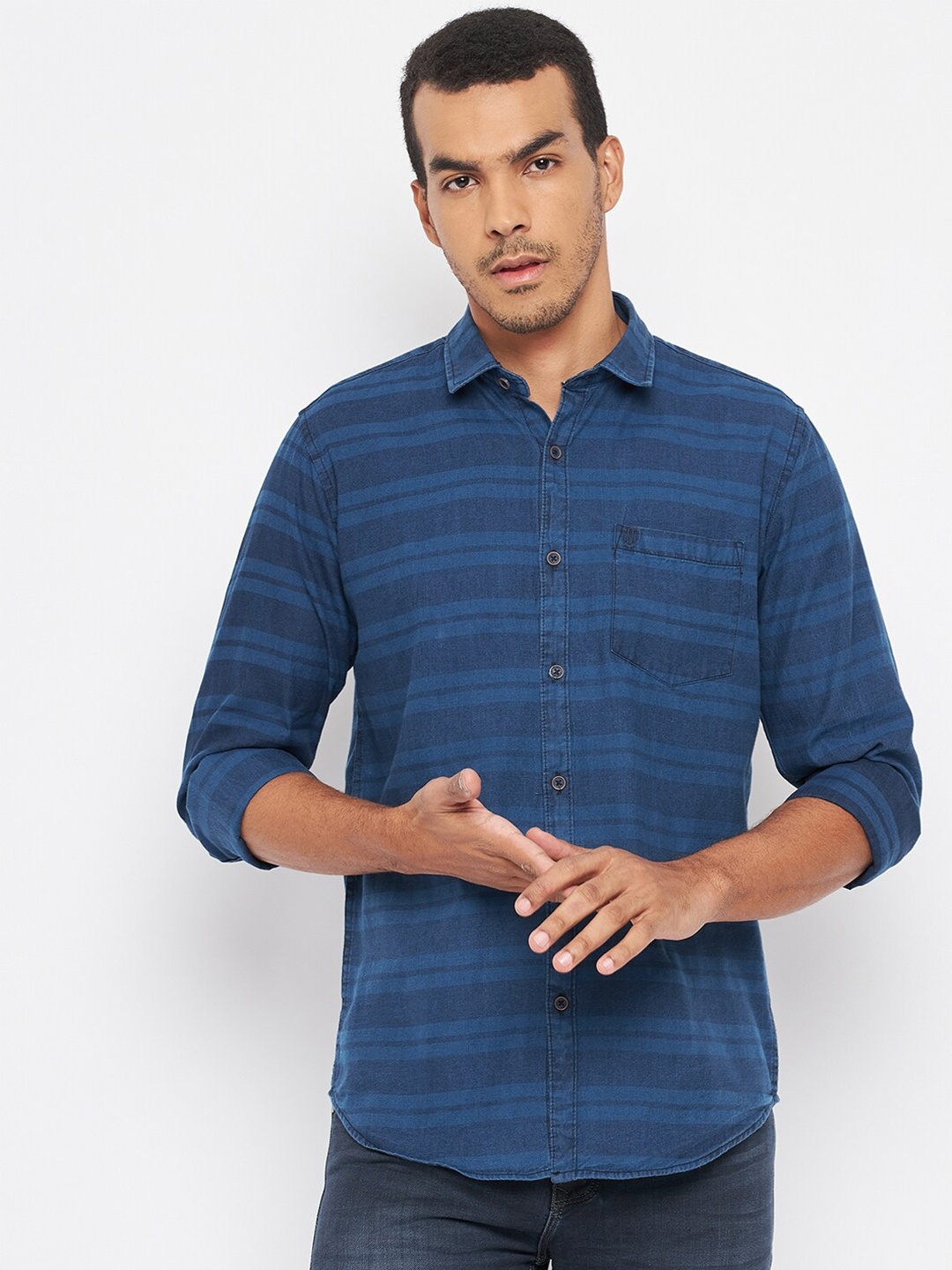

Duke Men Horizontal Stripes Striped Cotton Slim Fit Casual Shirt, Blue