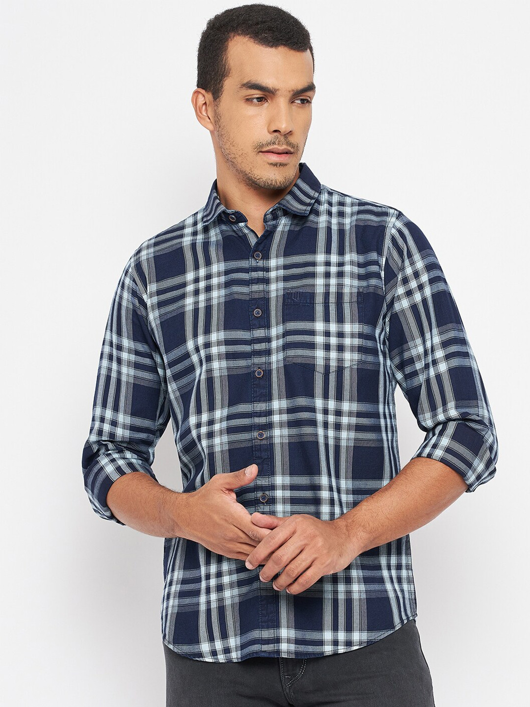 

Duke Men Navy Blue Tartan Checks Checked Cotton Slim Fit Casual Shirt