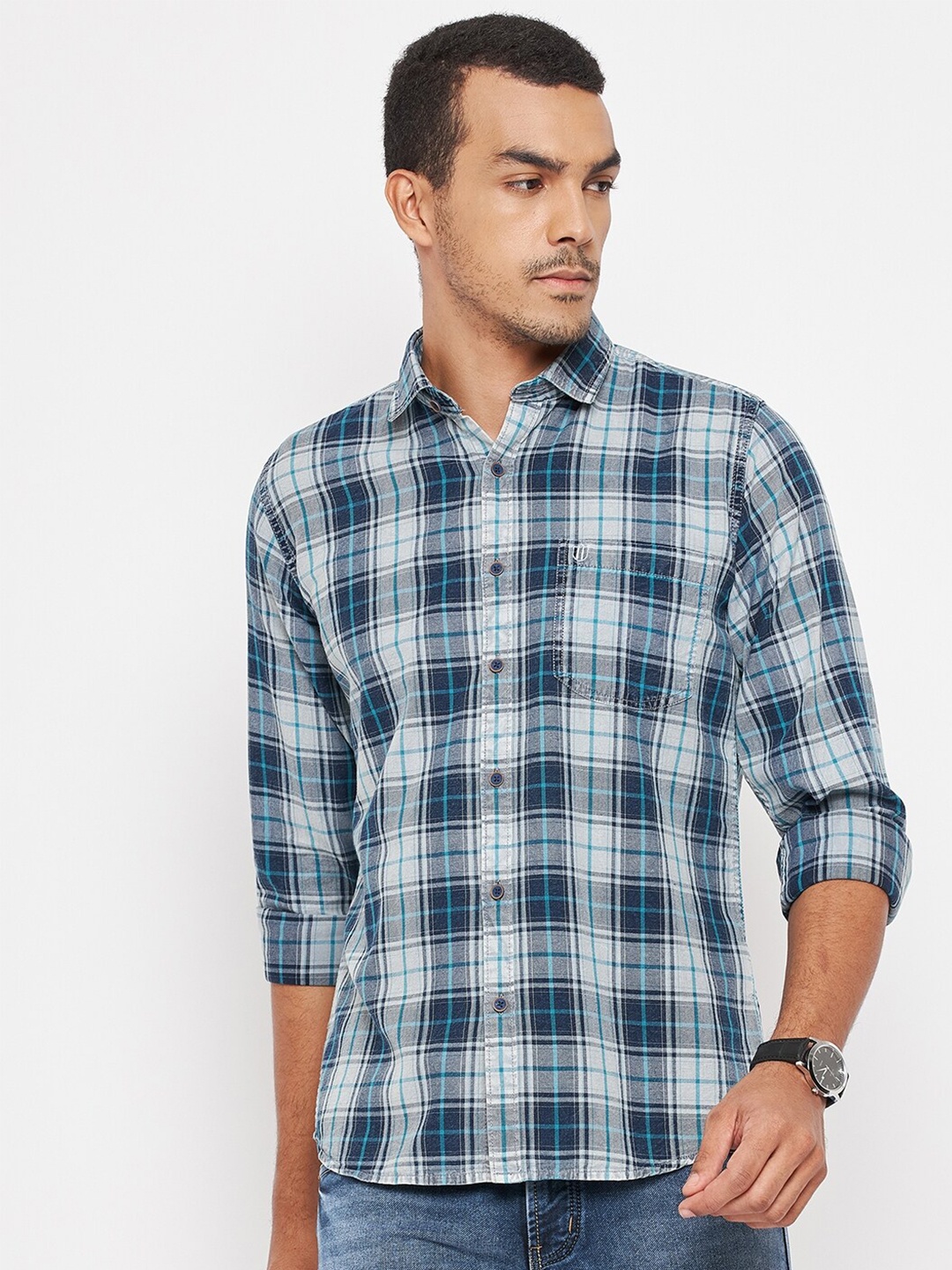 

Duke Men Blue Tartan Checks Checked Cotton Slim Fit Casual Shirt