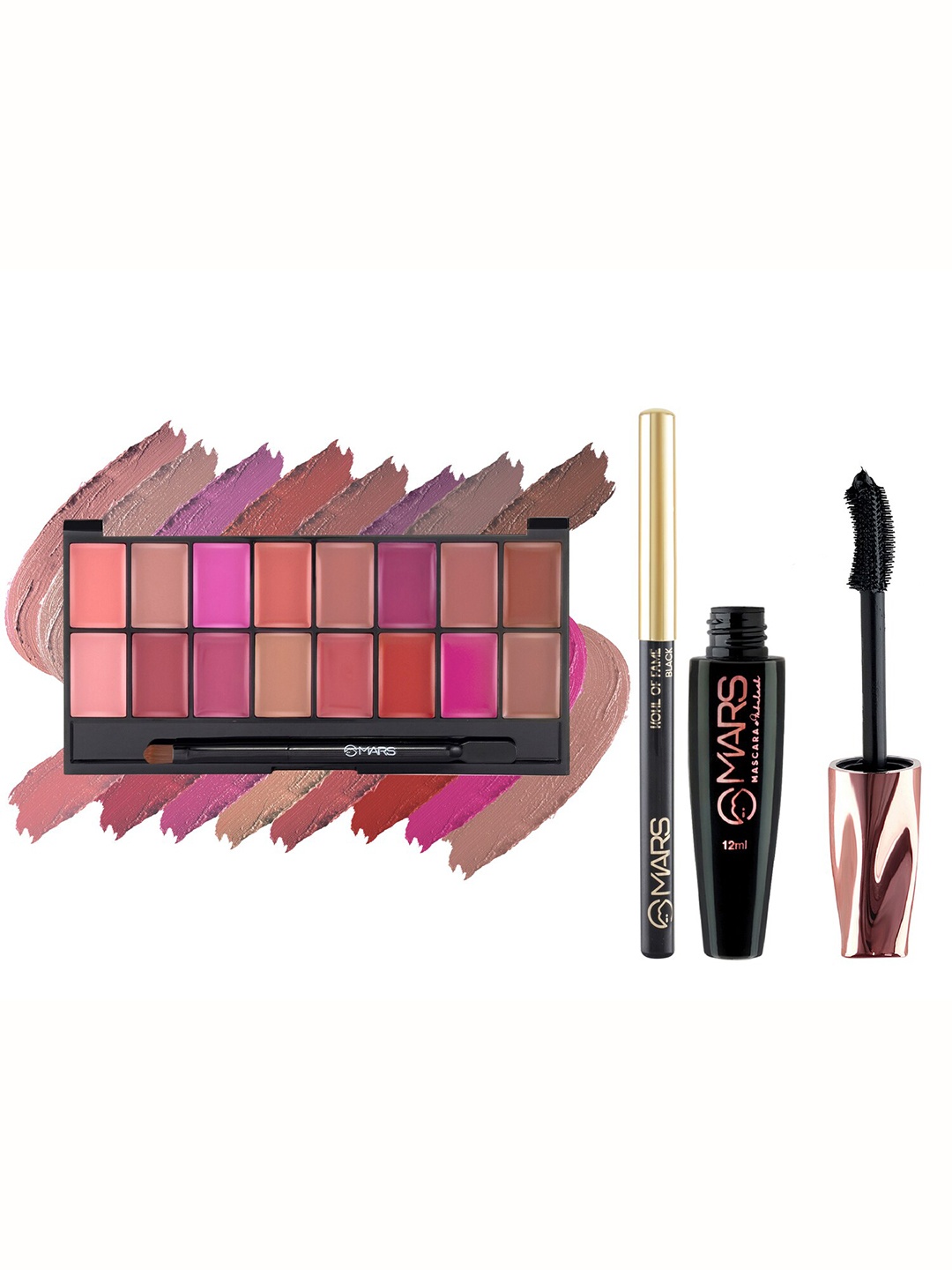 MARS 16 Nude Shades Lip Color Palette With Smudge Proof Mascara and Kajal 49.2gm, Multi