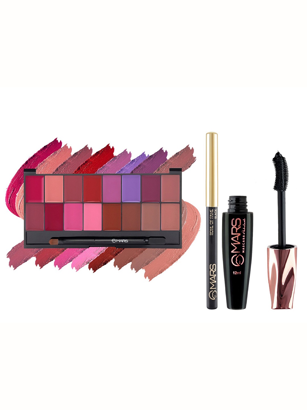 MARS 16 Color Highly Pigmented Lip Color Palette With Smudge Proof Mascara and Kajal, Multi