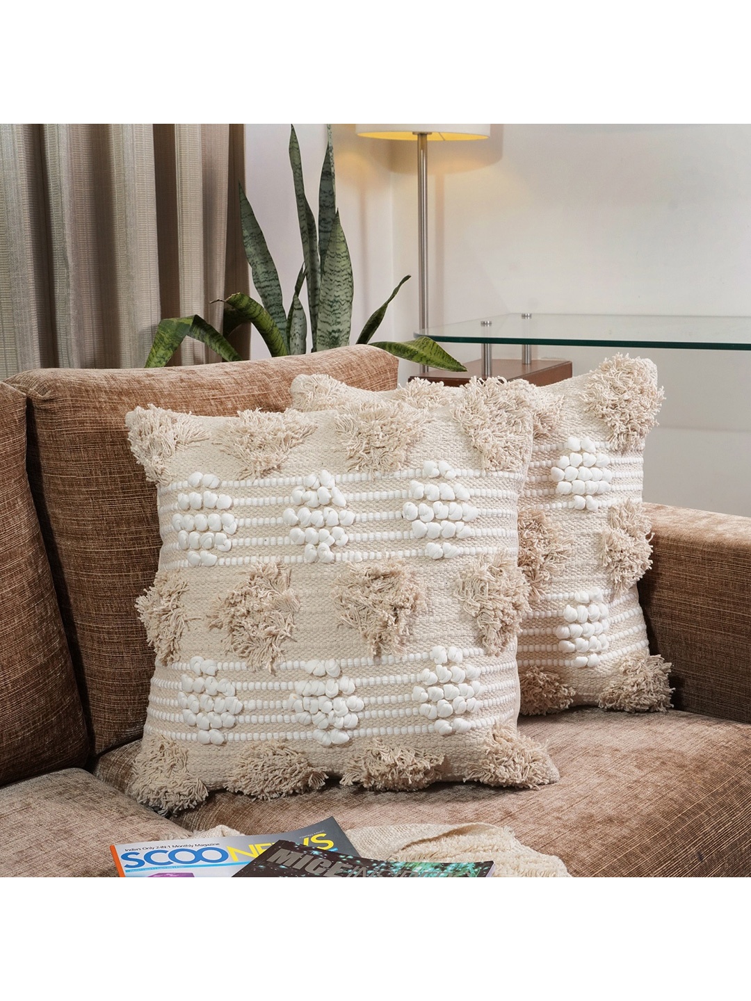 

HOMEMONDE Set Of 2 Beige & White Self Design Square Cushion Covers