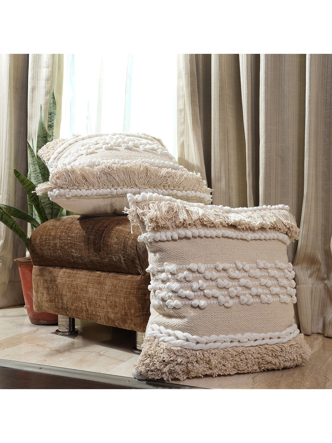 

HOMEMONDE Set Of 2 Beige & White Embroidered Square Cushion Covers