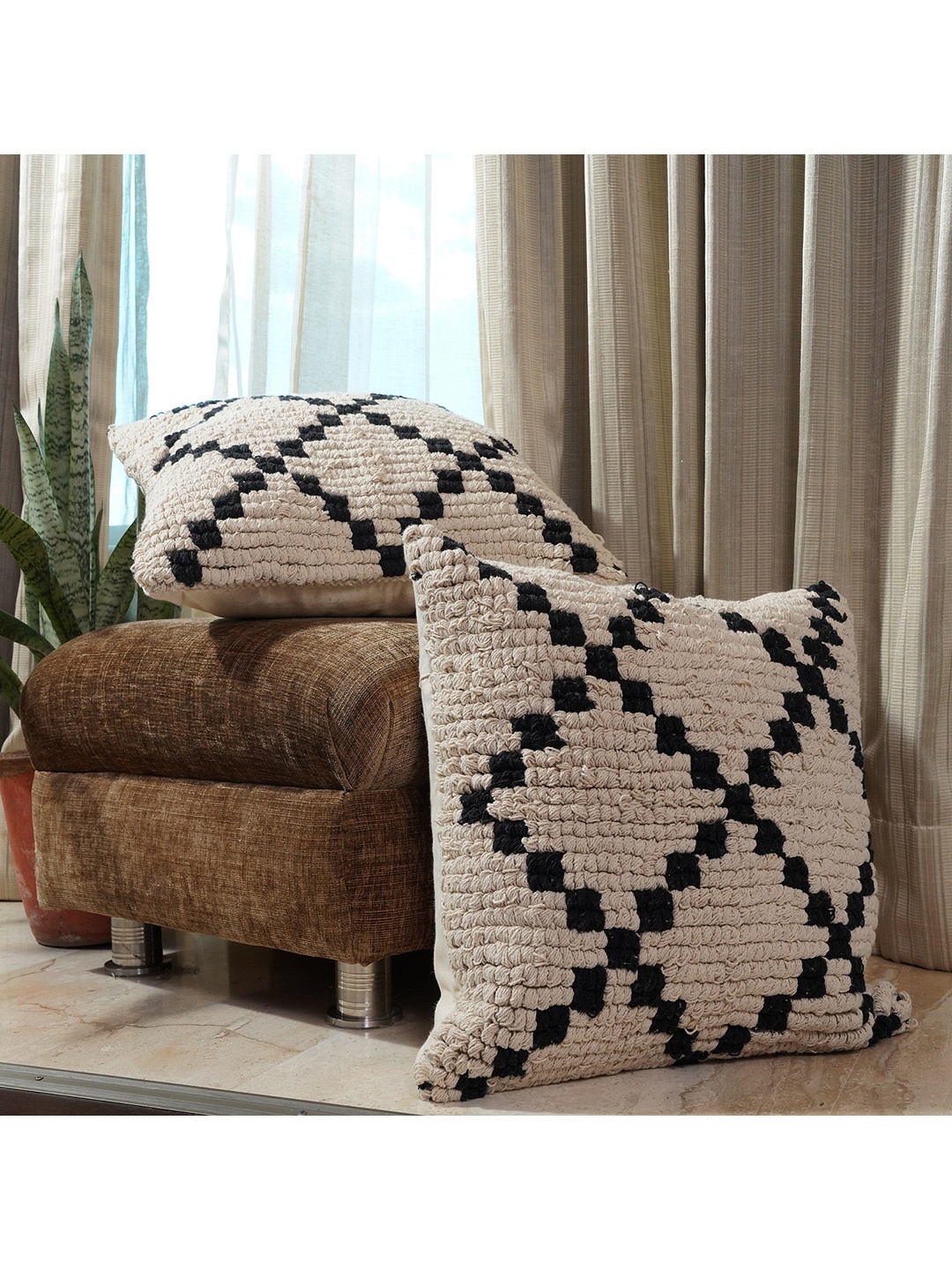 

HOMEMONDE Beige & Black Set of 2 Geometric Square Cushion Covers