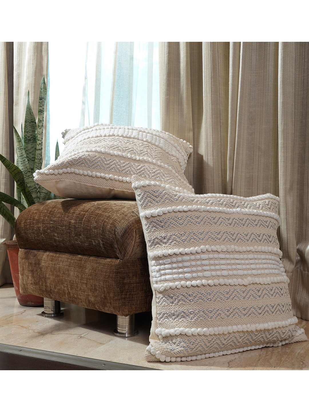 

HOMEMONDE Set Of 2 Beige & White Self Design Cotton Square Cushion Covers
