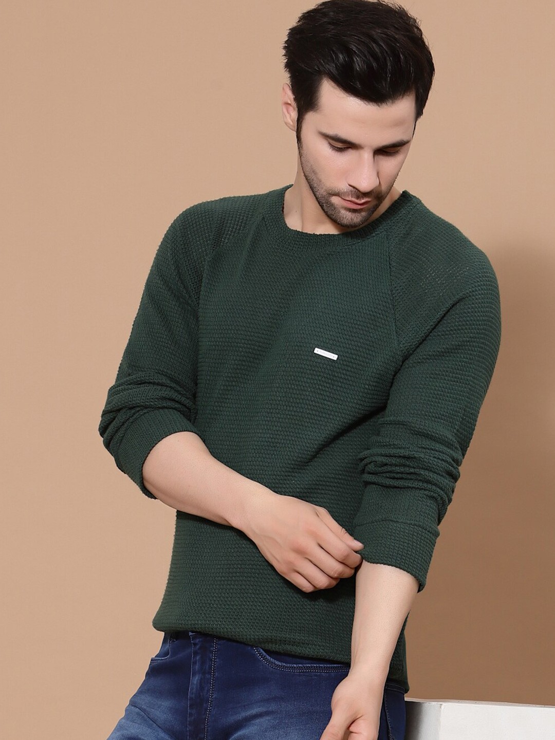 

FLAWLESS Men Green Ribbed Cotton Pullover Sweater