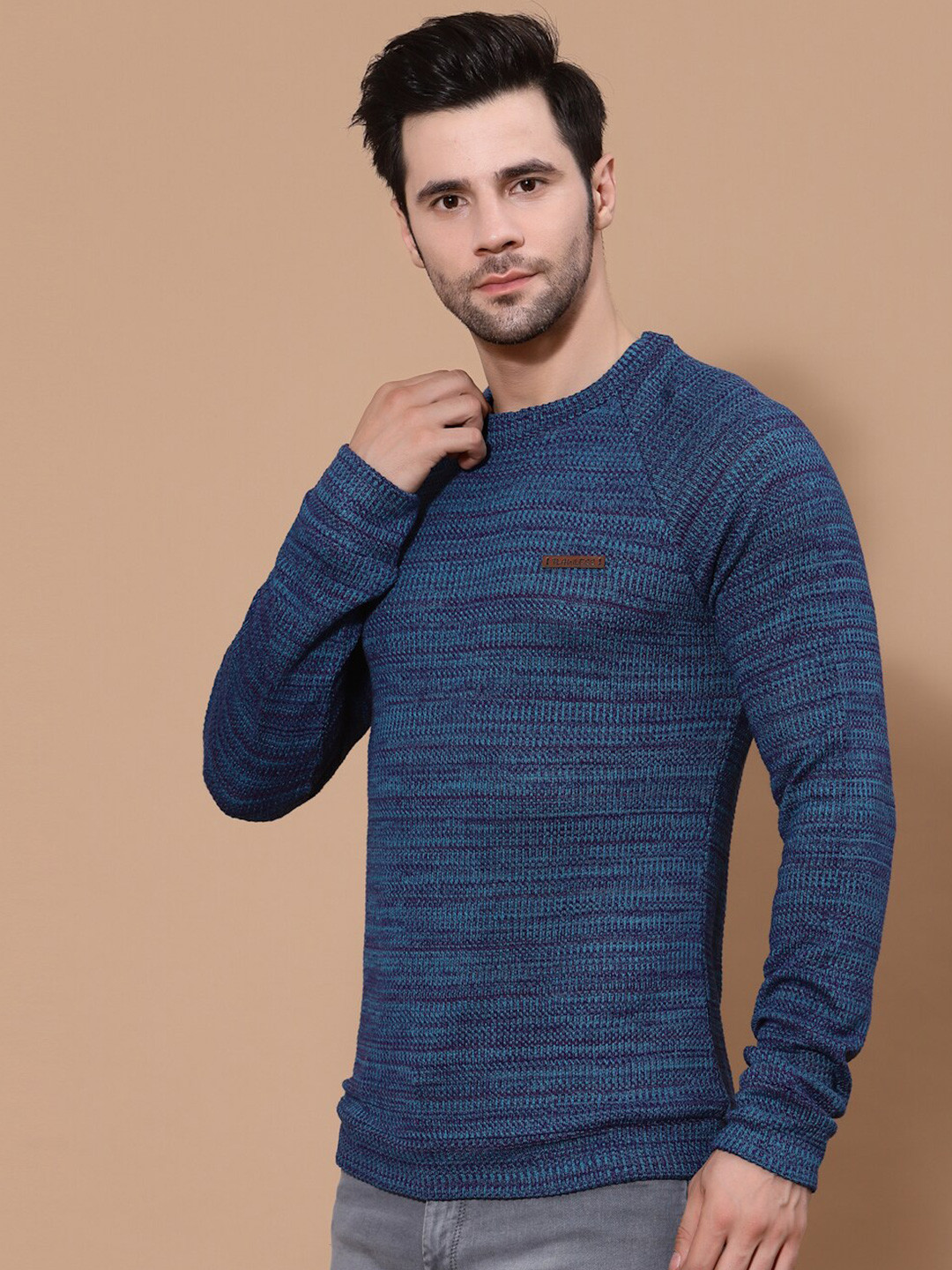 

FLAWLESS Men Blue Cable Knit Cotton Pullover Sweater