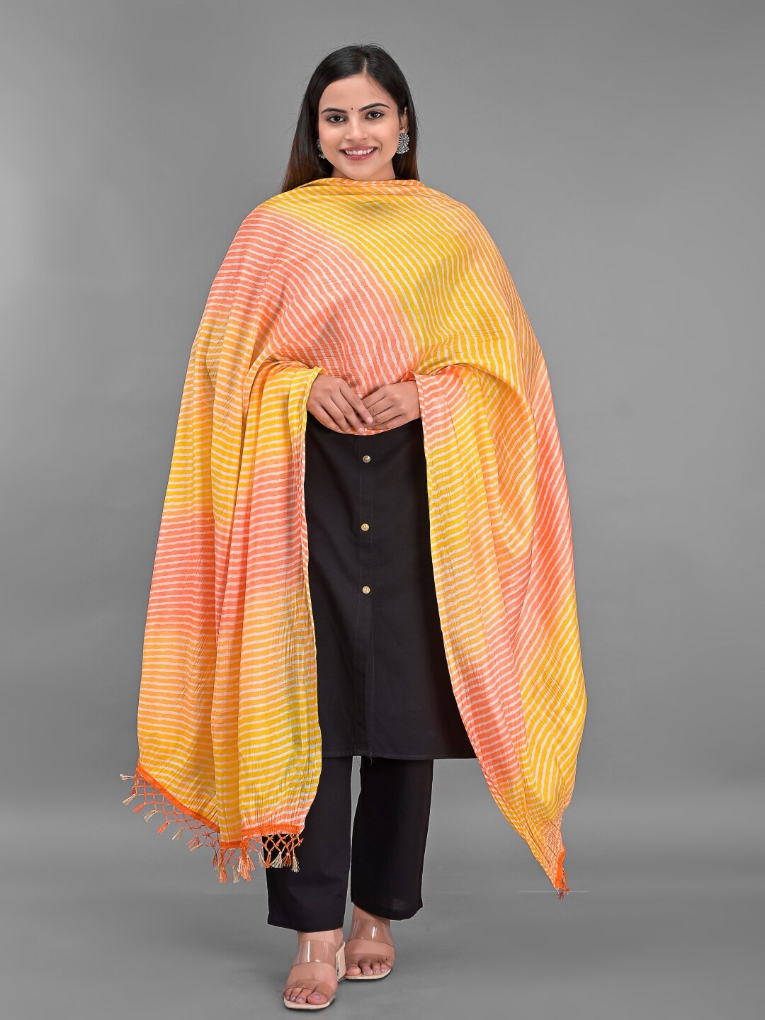 

Apratim Yellow & Pink Striped Leheriya Dupatta