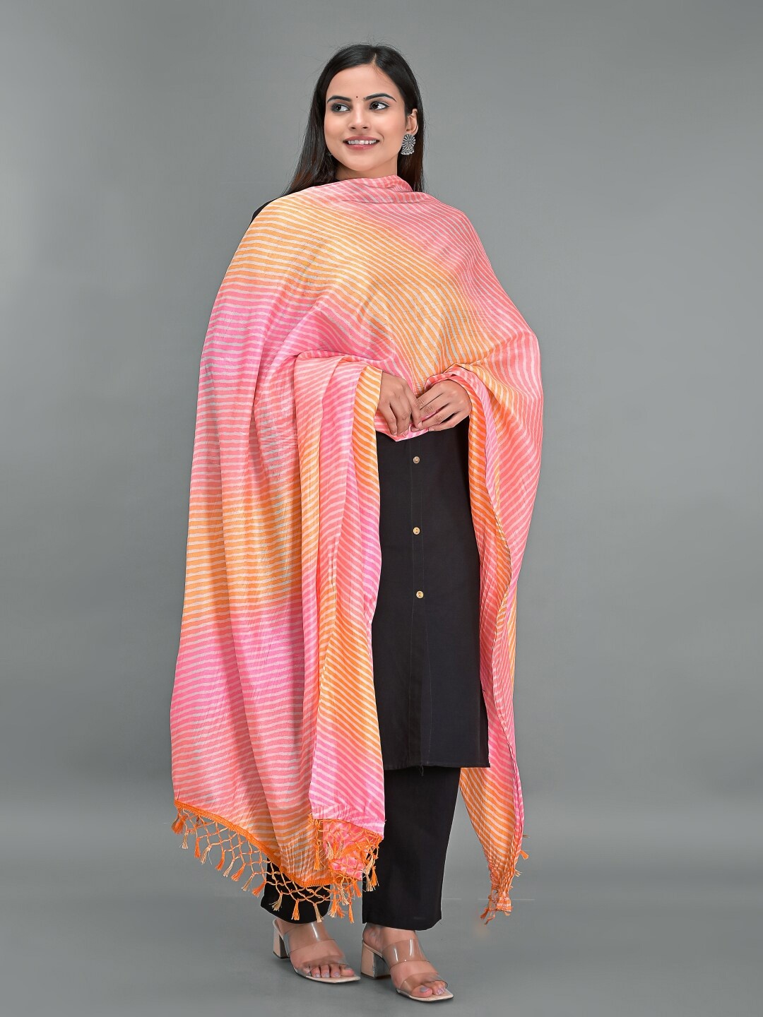 

Apratim Pink & Orange Striped Leheriya Dupatta