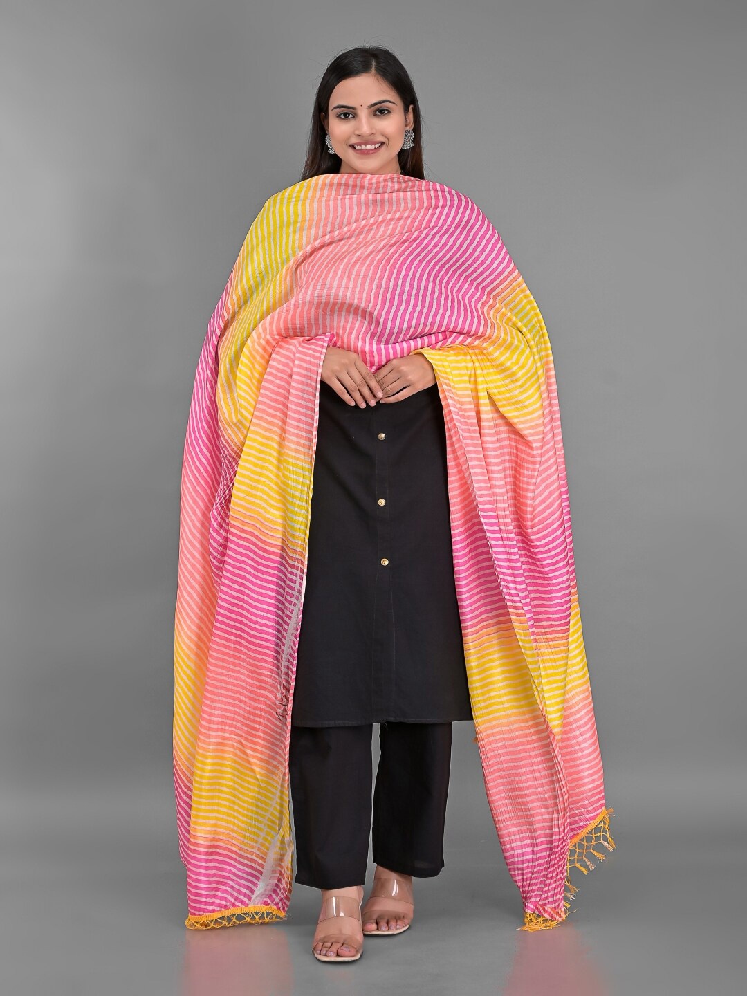 

Apratim Pink & Yellow Striped Leheriya Dupatta