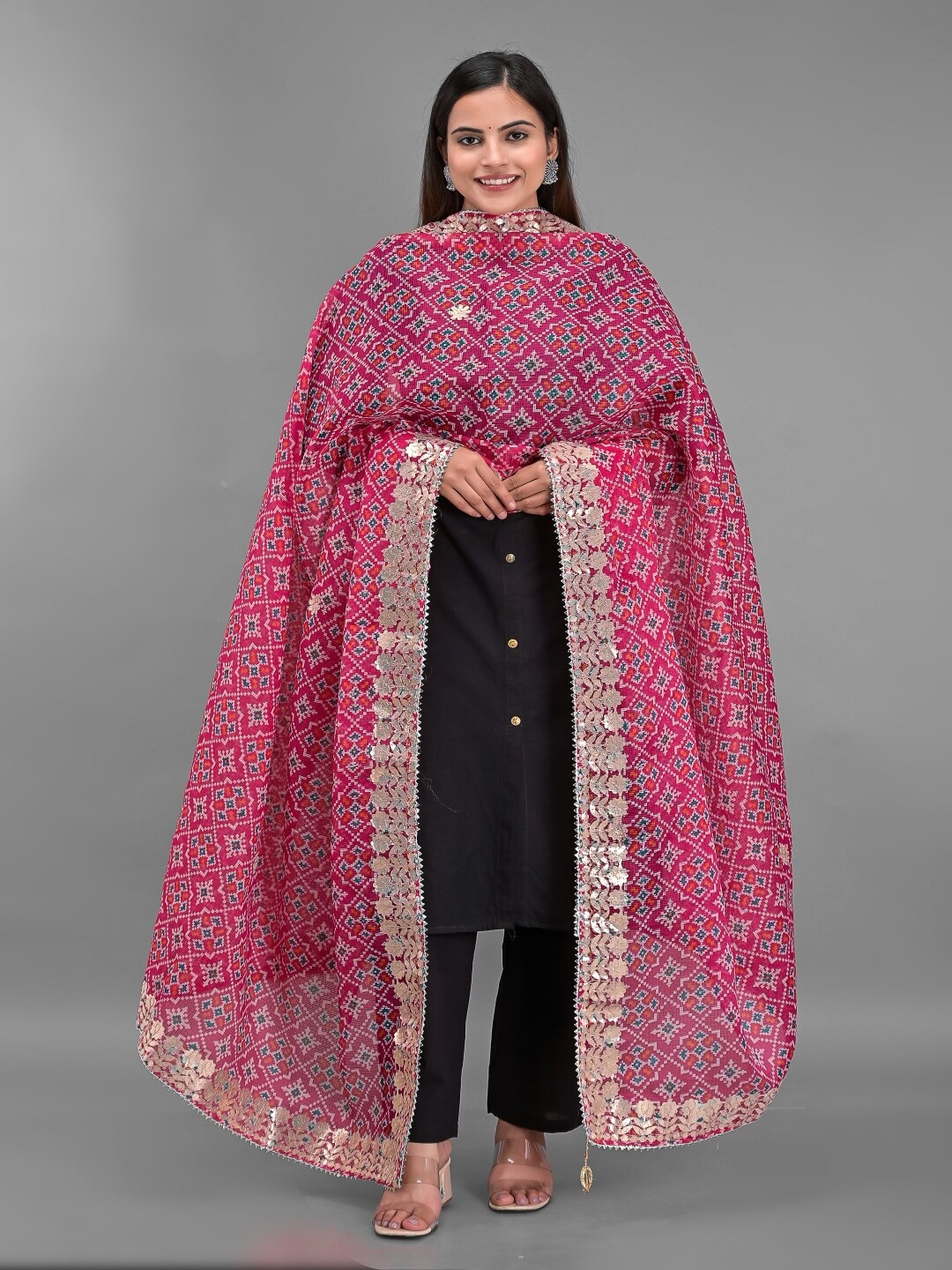 

Apratim Pink & Blue Ethnic Motifs Printed Dupatta with Gotta Patti