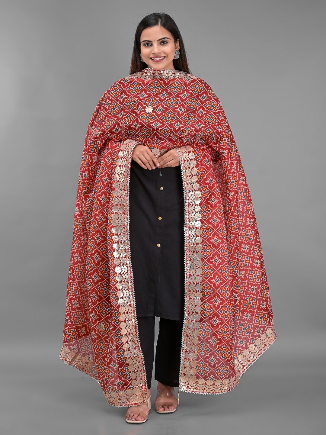 

Apratim Red & Blue Ethnic Motifs Printed Dupatta with Gotta Patti