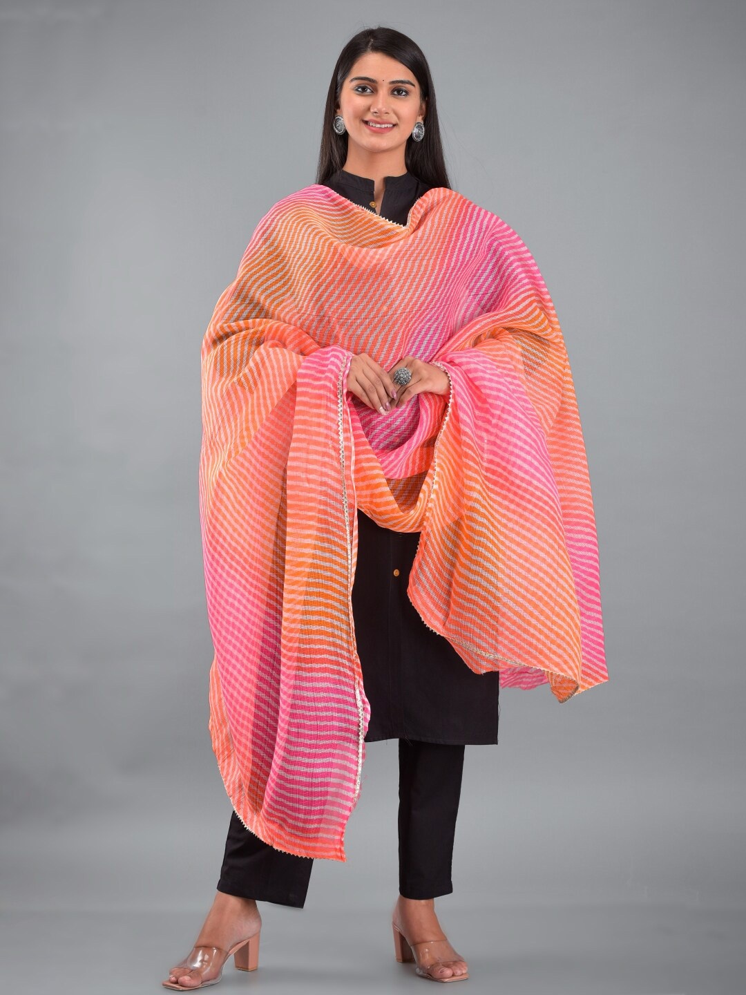 

Apratim Pink & Orange Striped Leheriya Dupatta