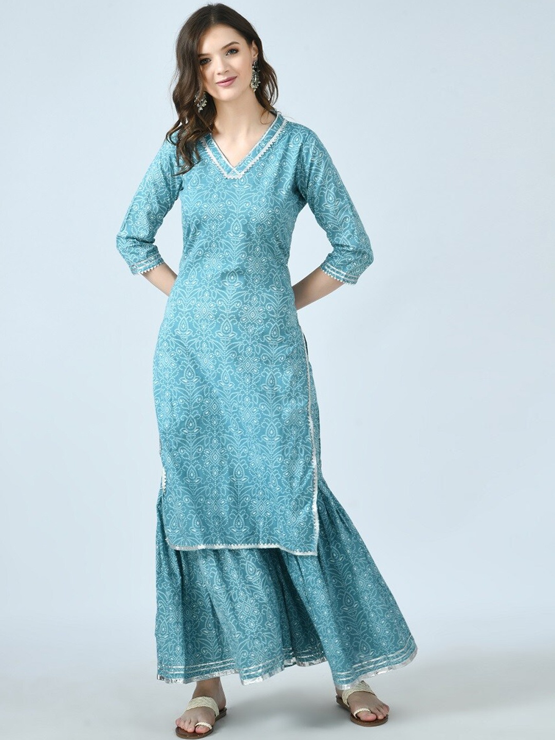 

MAFE Women Blue Bandhani Printed Pure Cotton Kurta with Sharara