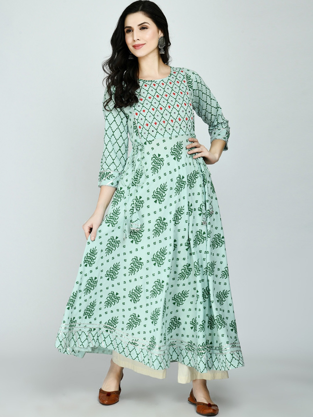 

MAFE Women Sea Green Ethnic Motifs Embroidered Mirror Work Anarkali Kurta
