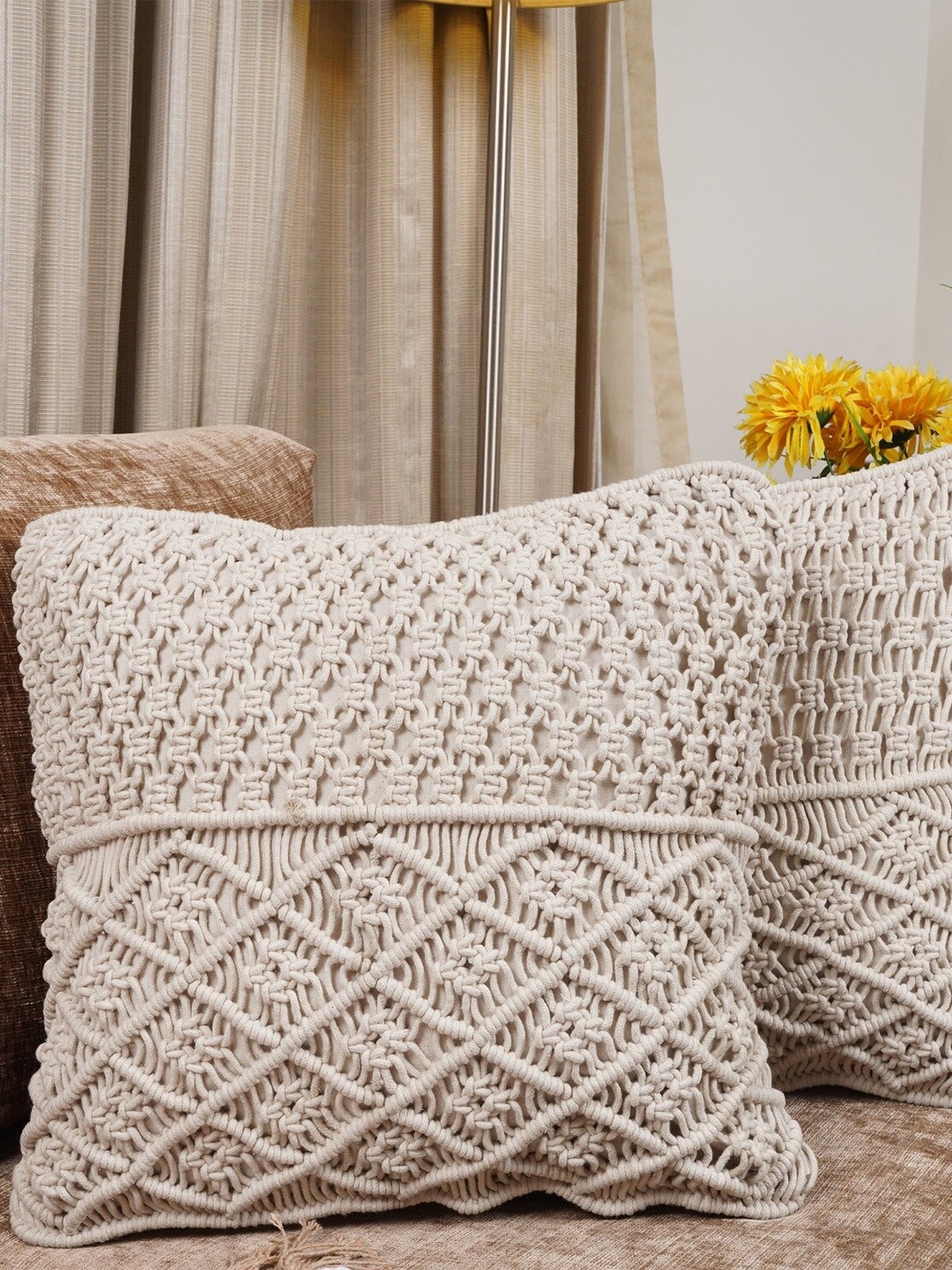 

HOMEMONDE Set Of 2 Off White Self Design Cotton Square Cushion Covers