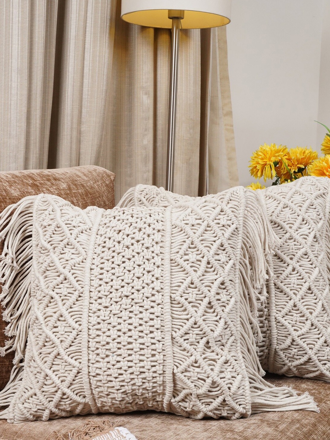 

HOMEMONDE Set Of 2 Off White Self Design Cotton Square Cushion Covers