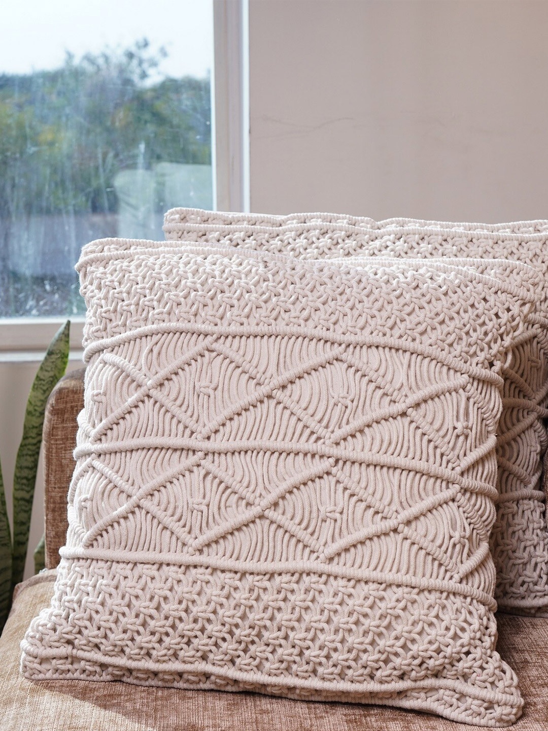

HOMEMONDE Set of 2 Off White Self Design Cotton Square Cushion Covers