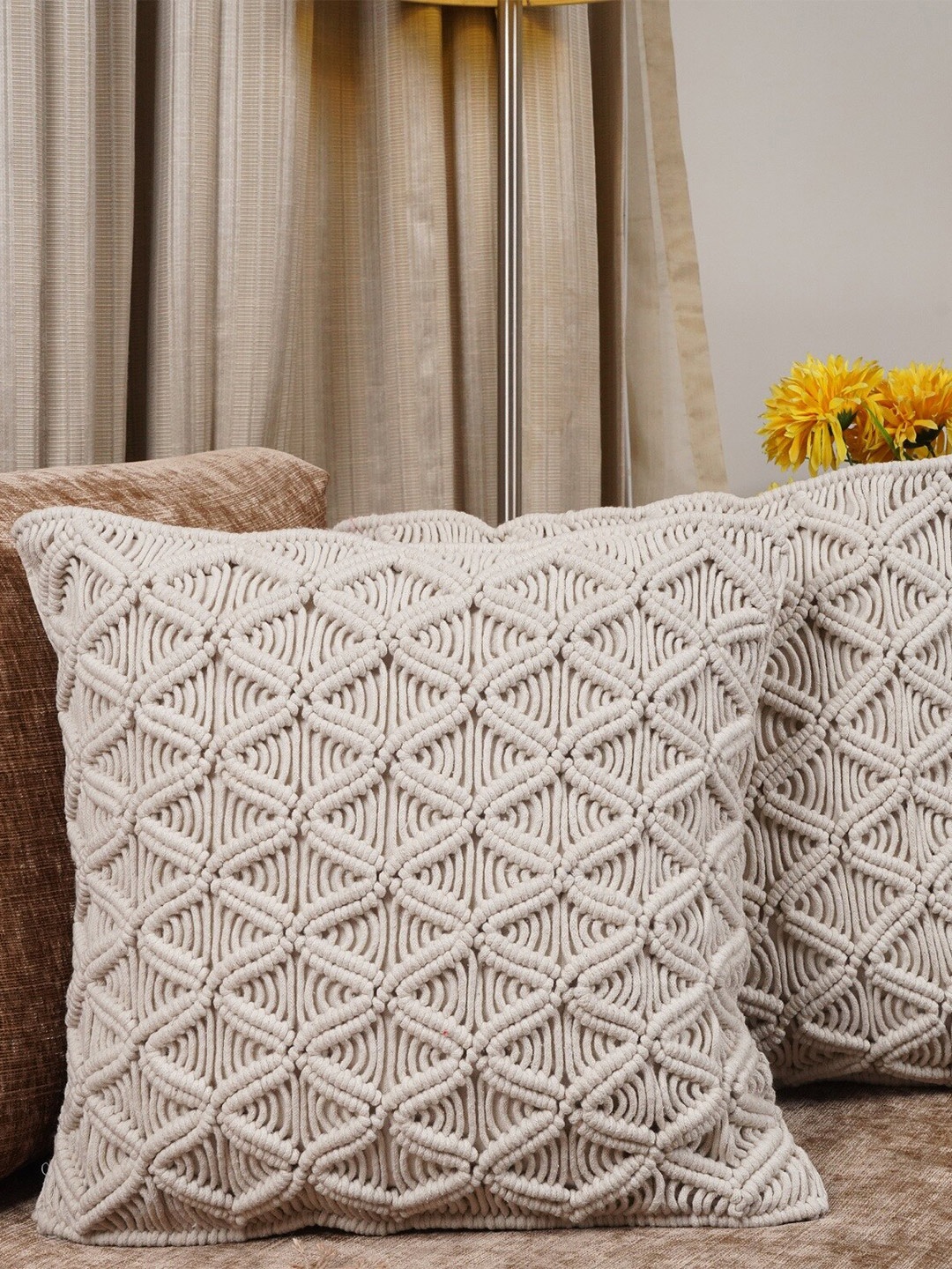 

HOMEMONDE Set Of 2 Off White Self Design Cotton Square Cushion Covers
