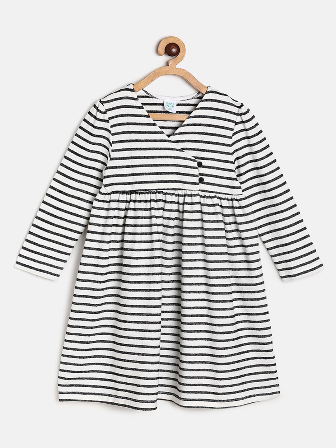 

MINI KLUB Girls White & Black Striped V-Neck Cotton Dress
