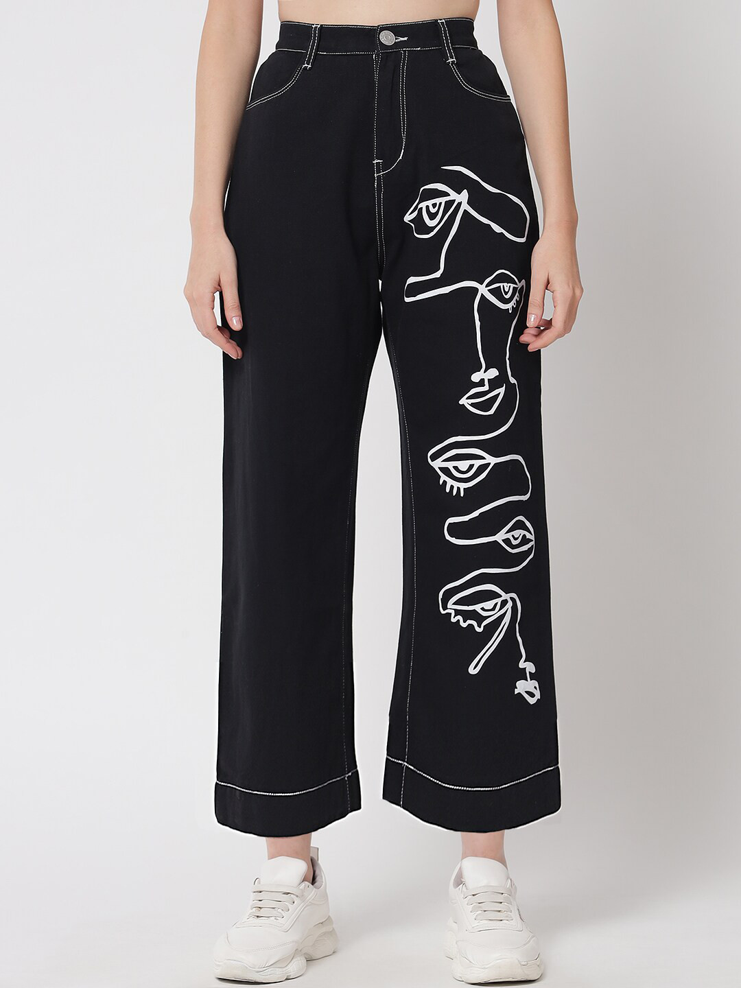 

River Of Design Jeans Women Black Wide Leg High-Rise Printed Cotton Jeans