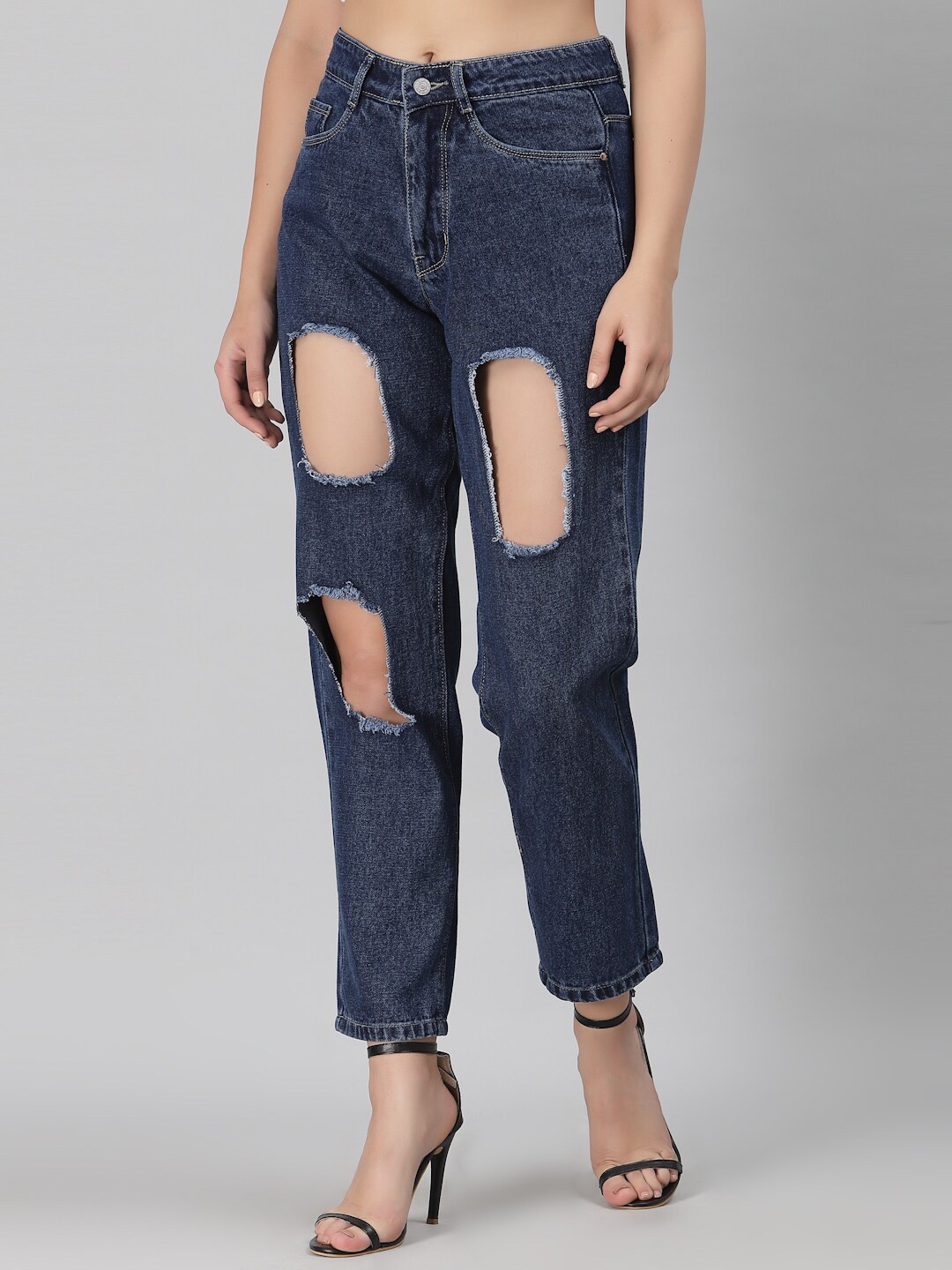 

River Of Design Jeans Women Blue High-Rise Highly Distressed Jeans