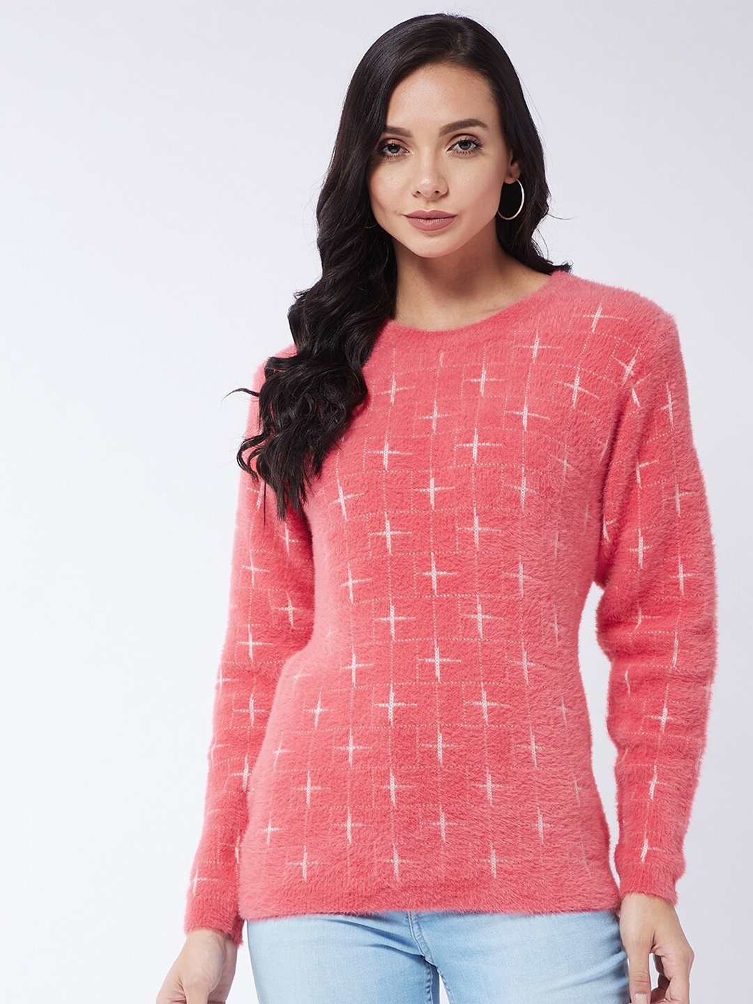 

Modeve Women Coral & White Printed Acrylic Pullover