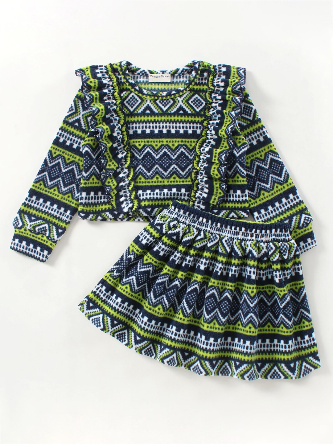 

CrayonFlakes Girls Blue & Green Printed Top with Skirt