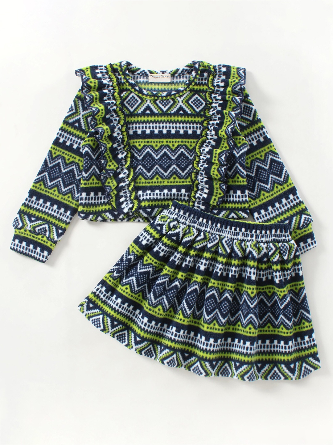 

CrayonFlakes Girls Blue & Green Printed Top with Skirt