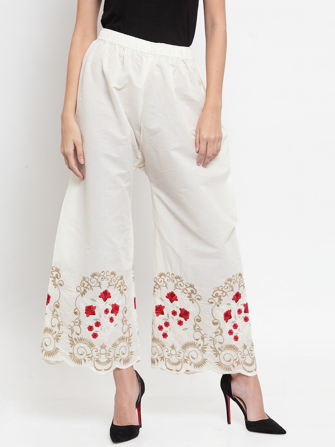 

Clora Creation Women Off White & Red Floral Embroidered Cotton Palazzos