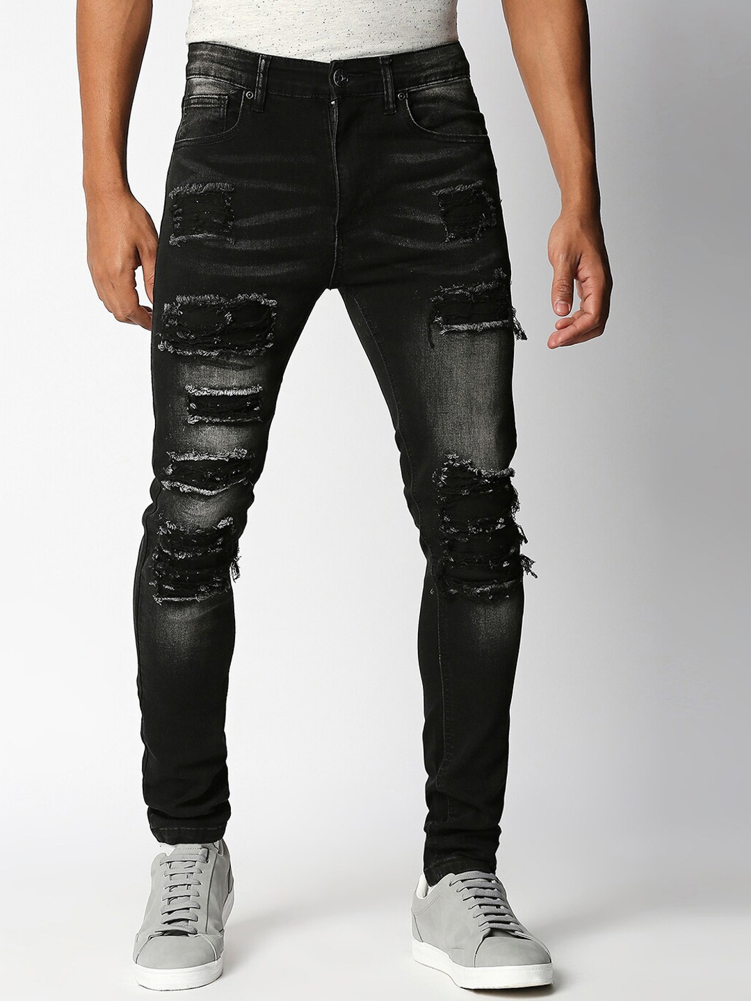 

WAIMEA Men Black Skinny Fit Highly Distressed Light Fade Stretchable Jeans