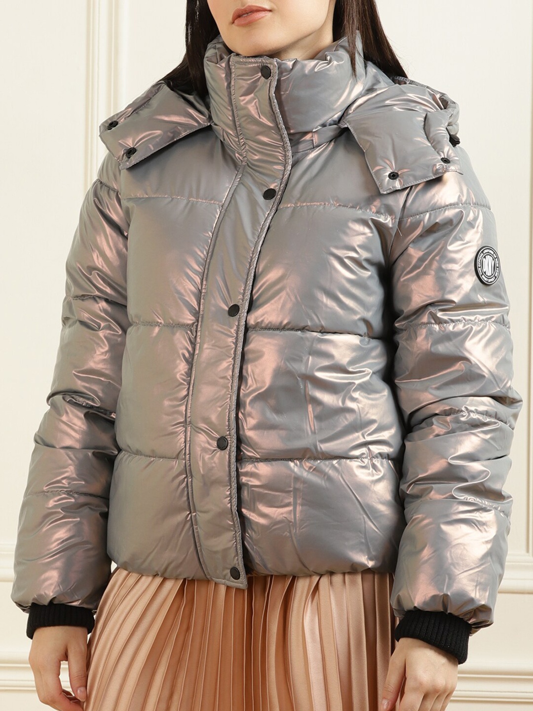 

DKNY Women Silver-Toned Striped Water Resistant Puffer Jacket