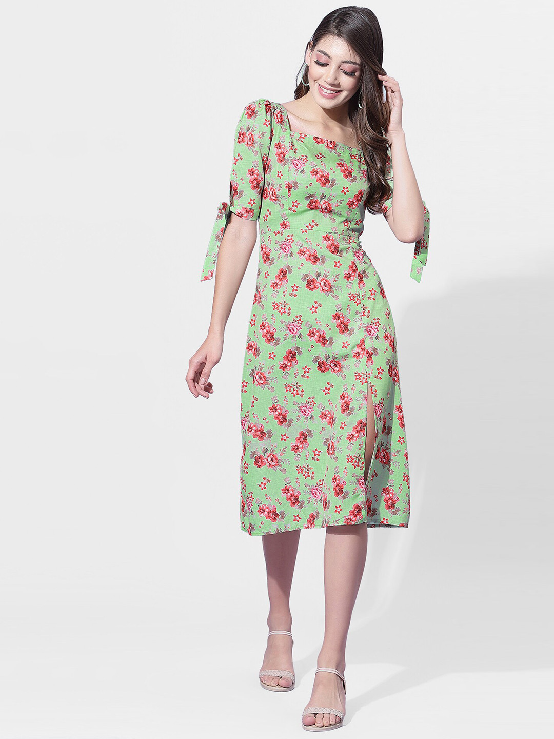 

Selvia Green Floral Crepe A-Line Dress