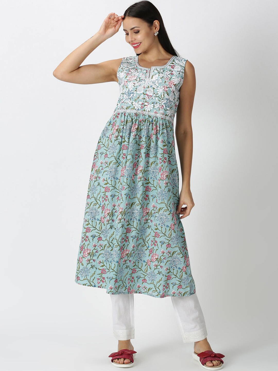 

Saffron Threads Women Turquoise Blue Lucknowi Chikankari Embroidered Yoke Kurta