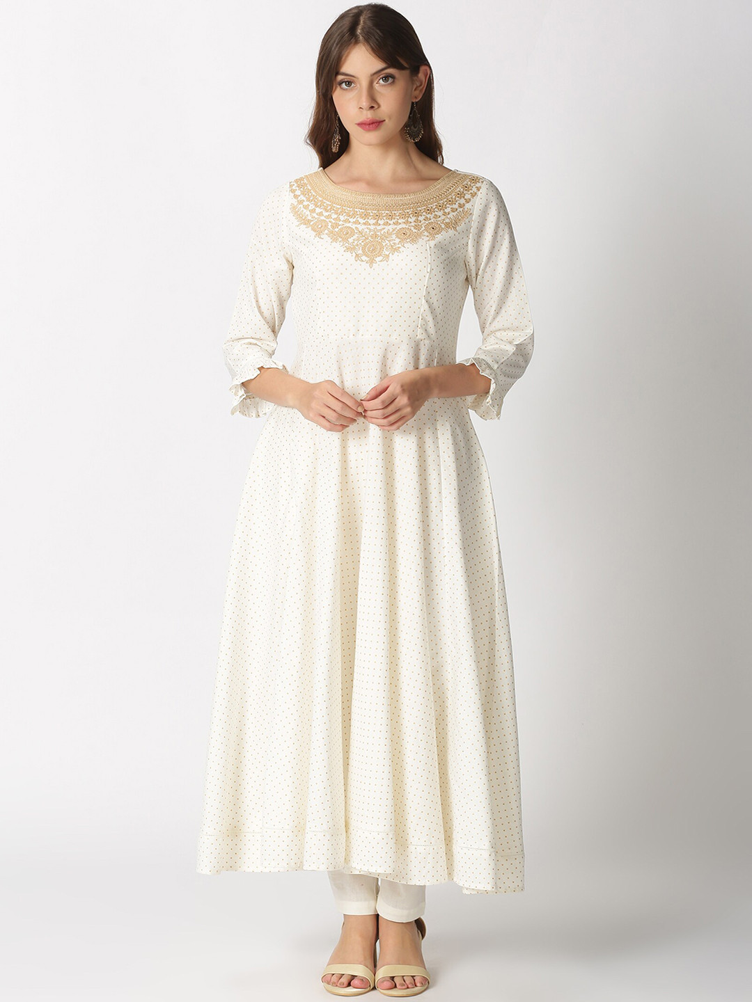 

Saffron Threads Women Off White Polka Dots Printed Anarkali Kurta with Floral Embroidered Neck