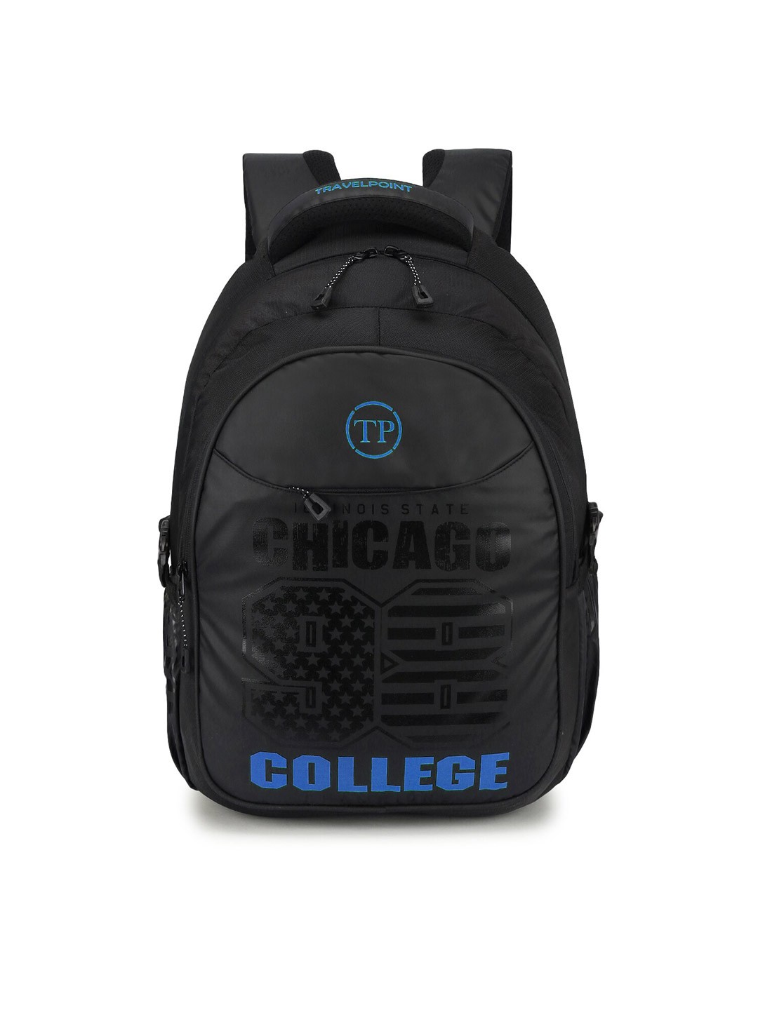 

TRAVEL POINT Black & Blue Typography Backpack with Compression Straps