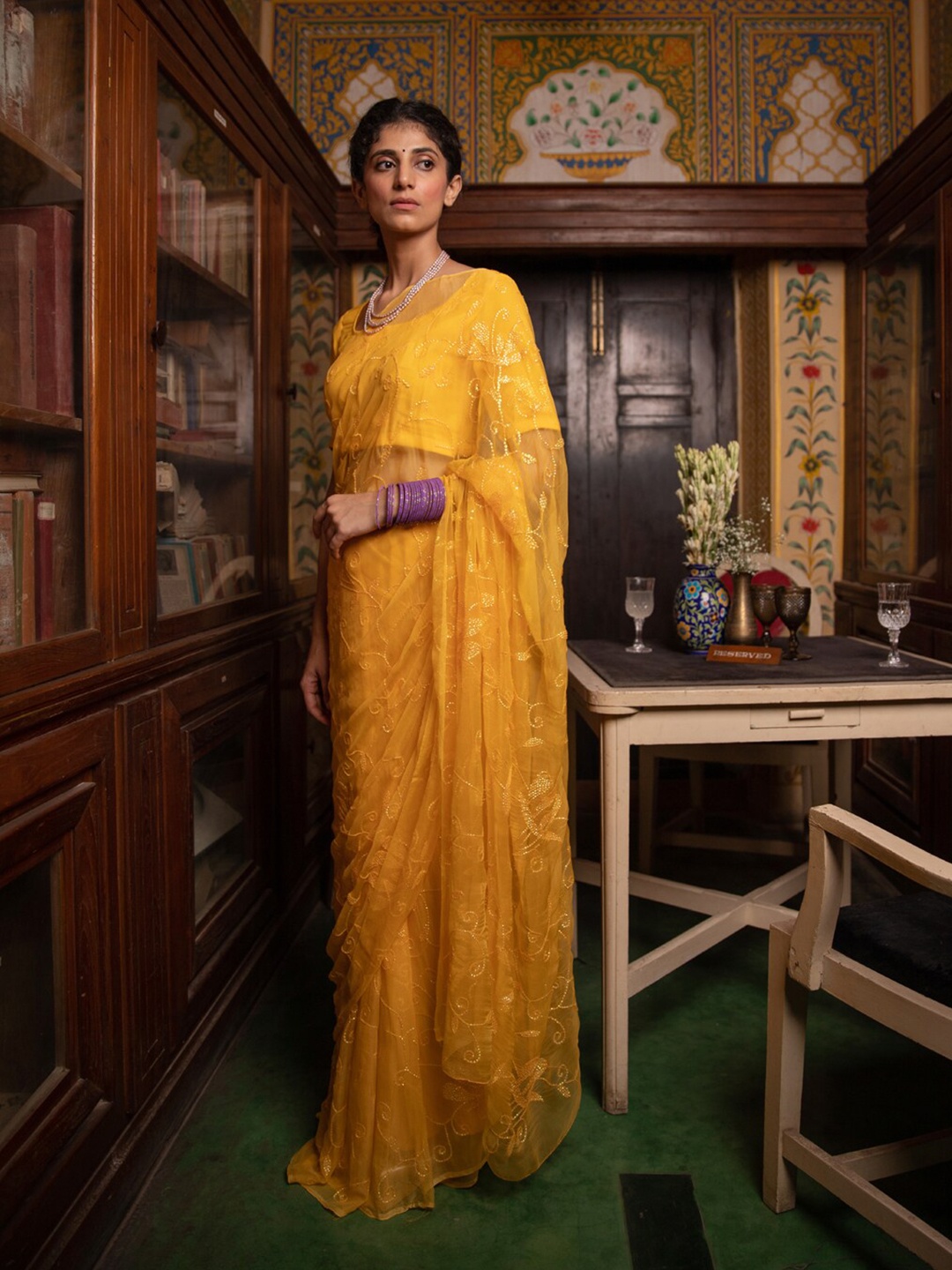 

Geroo Jaipur Handcrafted Sequined Jaal Chiffon Saree, Yellow