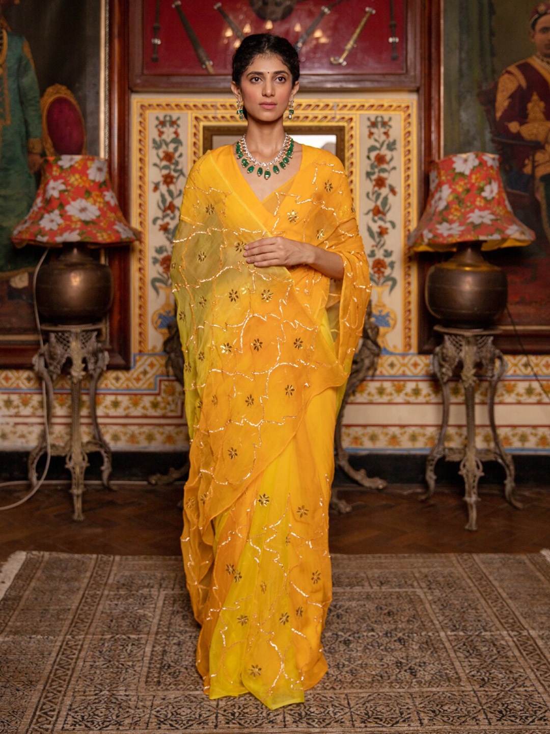 

Geroo Jaipur Shaded Handcrafted Gota Jaal Chiffon Saree, Yellow
