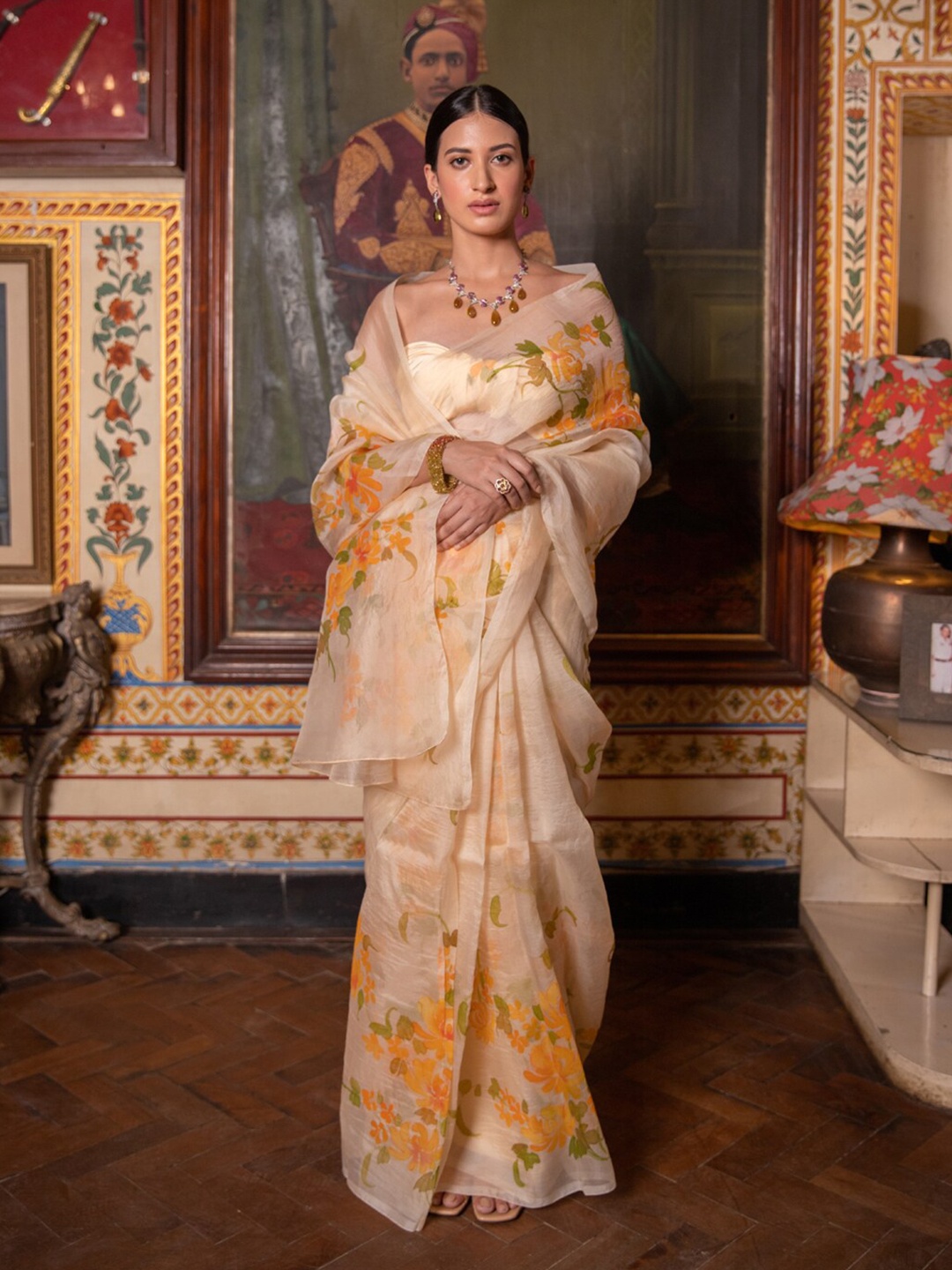 

Geroo Jaipur Beige & Yellow Floral Printed Organza Saree