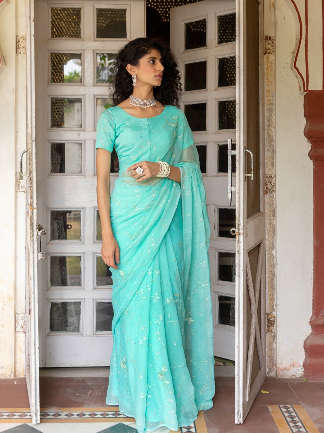 

Geroo Jaipur Handcrafted Aari Work Chiffon Saree, Blue