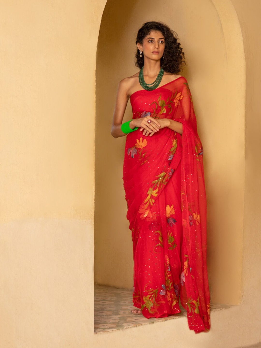 

Geroo Jaipur Hand Painted Mukaish Work Chiffon Saree, Red