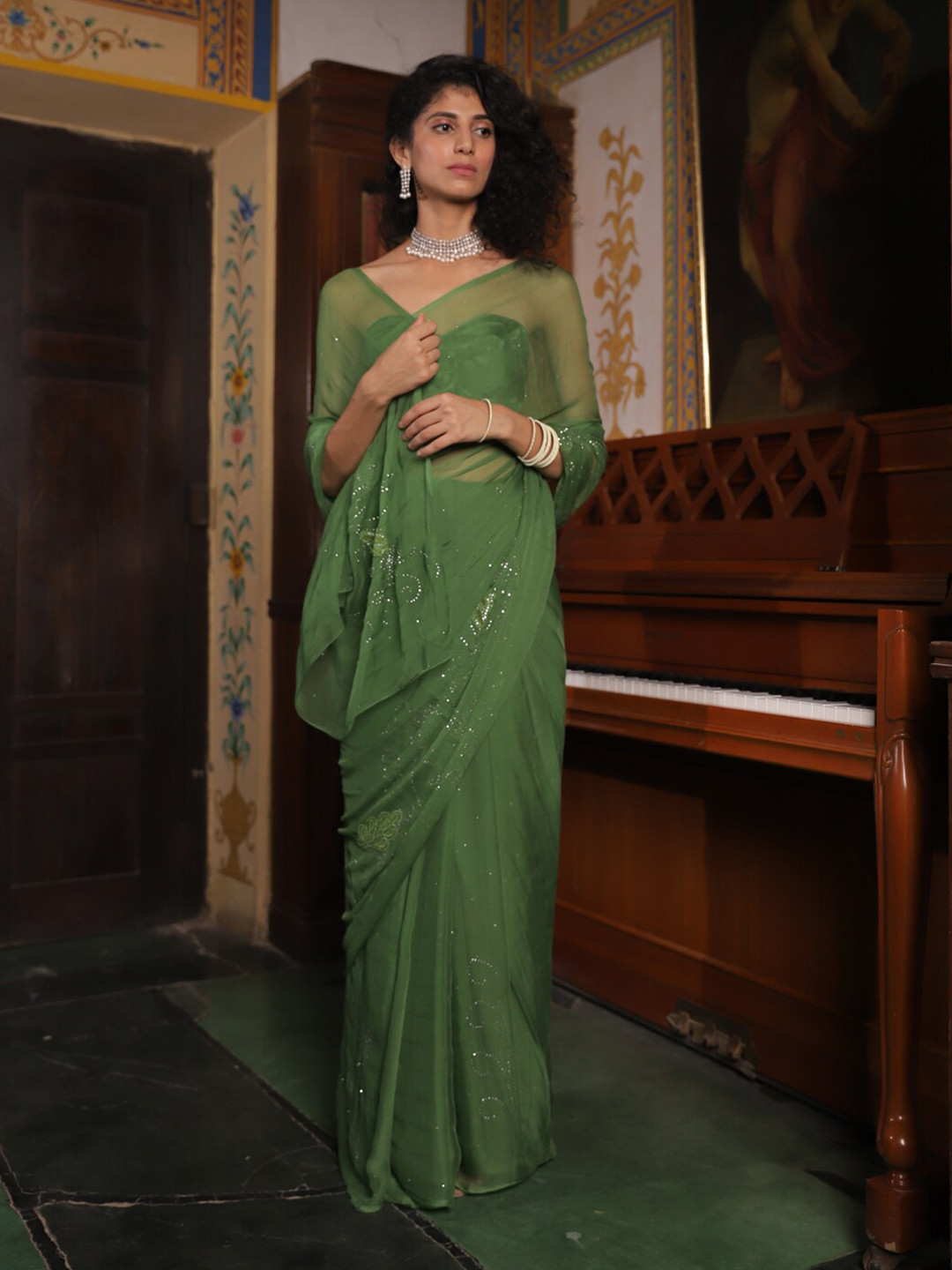 

Geroo Jaipur Hand Embroidered Mukaish Net Patch Chiffon Saree, Green