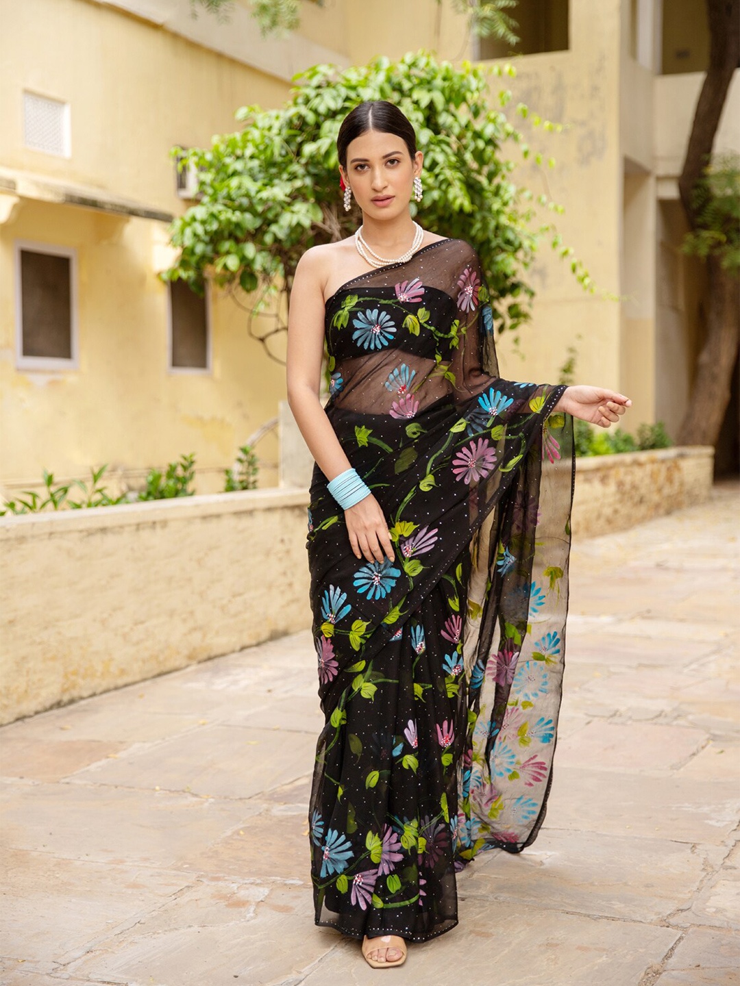 

Geroo Jaipur Hand Painted Mukaish Chiffon Saree, Black