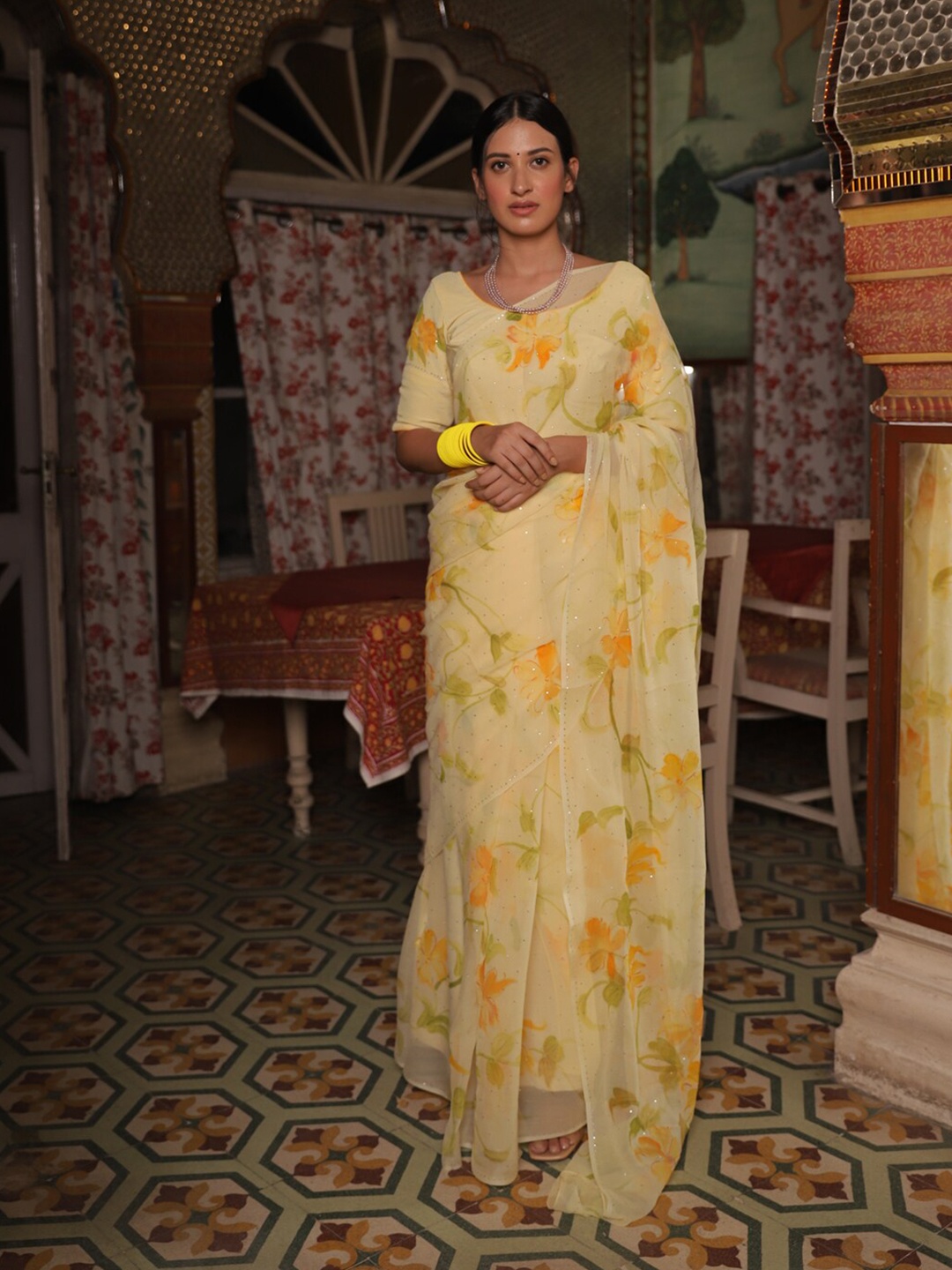 

Geroo Jaipur Hand Painted Mukaish Chiffon Saree, Yellow