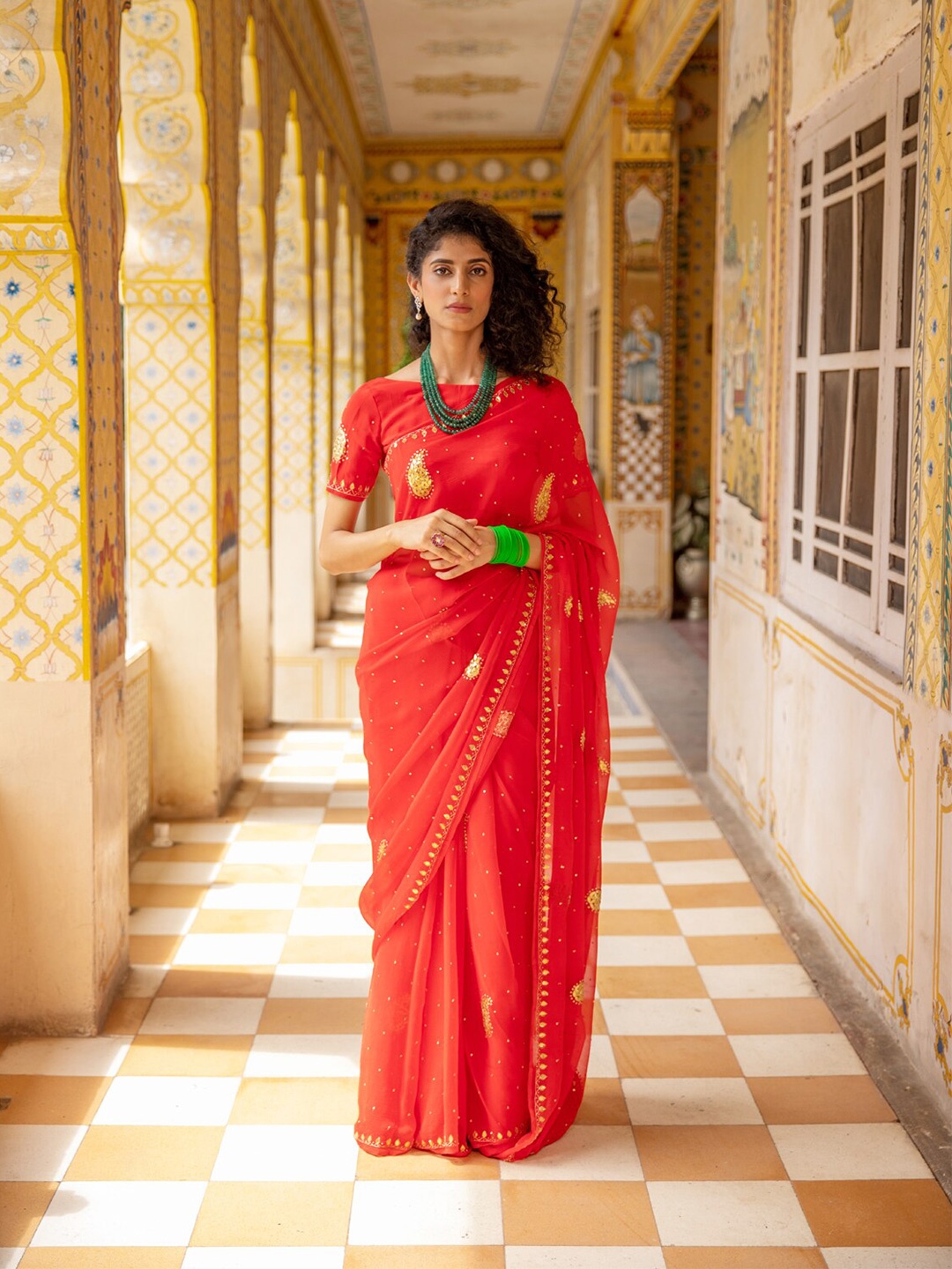 

Geroo Jaipur Hand Embroidered Gota Patti Platinum Chiffon Saree, Red