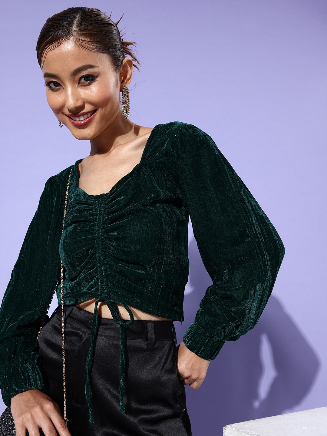 

People Sweetheart Neck Velvet Crop Top, Green