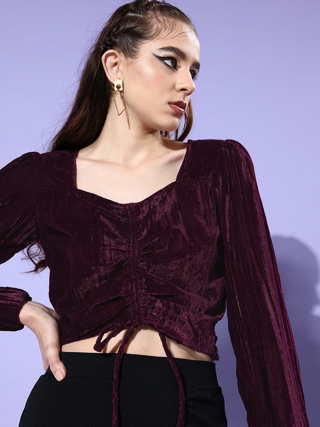 

People Sweetheart Neck Velvet Crop Top, Maroon