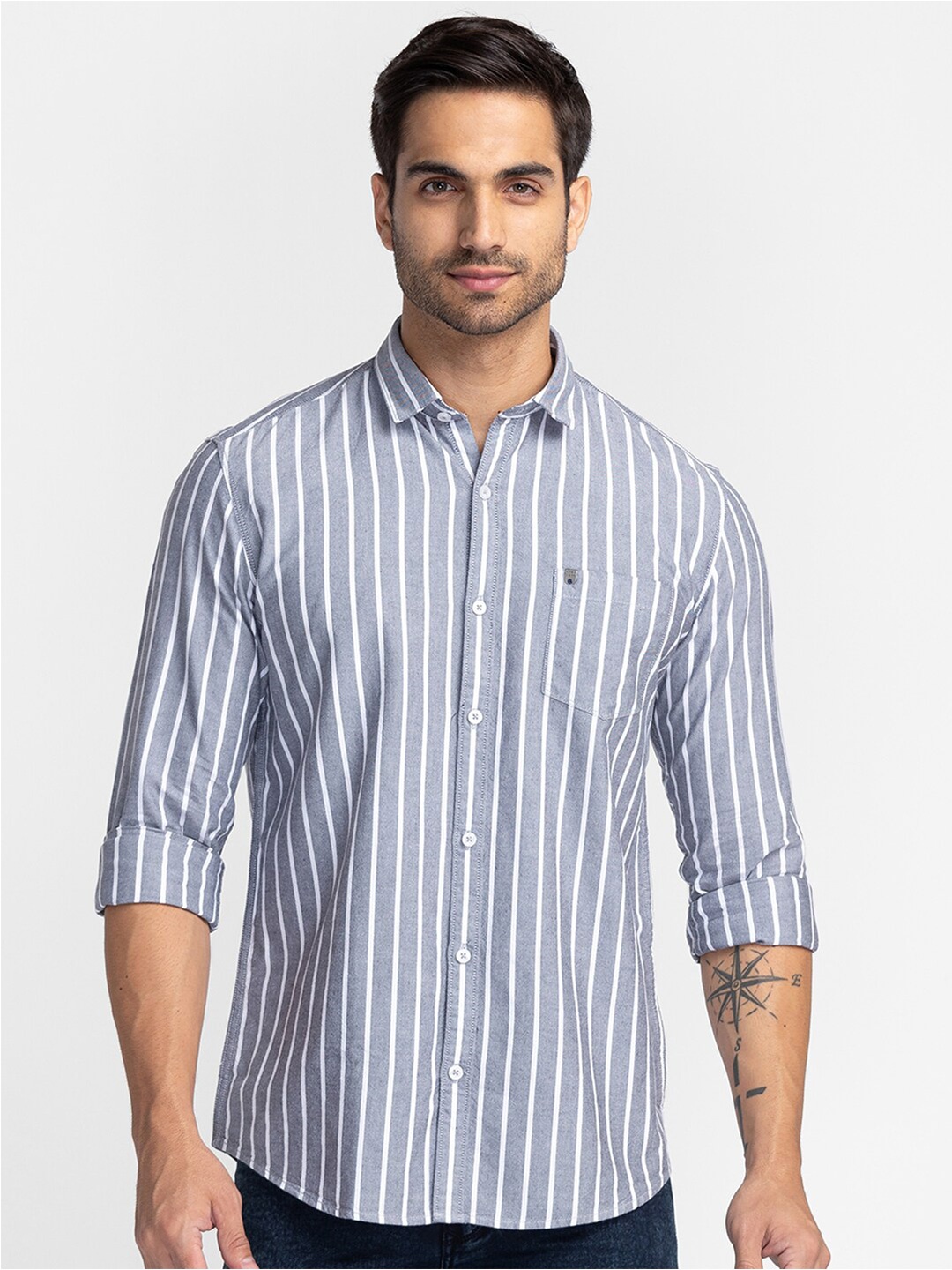 

Oxemberg Men Grey Striped Slim Fit Cotton Casual Shirt