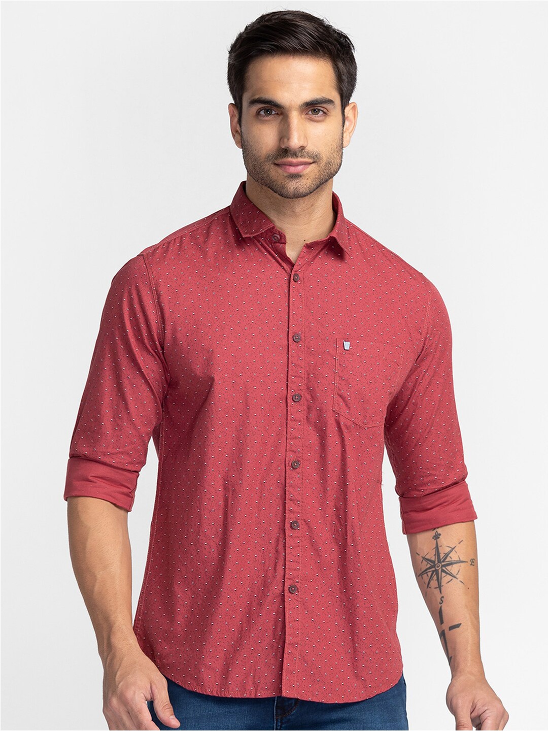 

Oxemberg Men Cotton Classic Slim Fit Printed Casual Shirt, Maroon